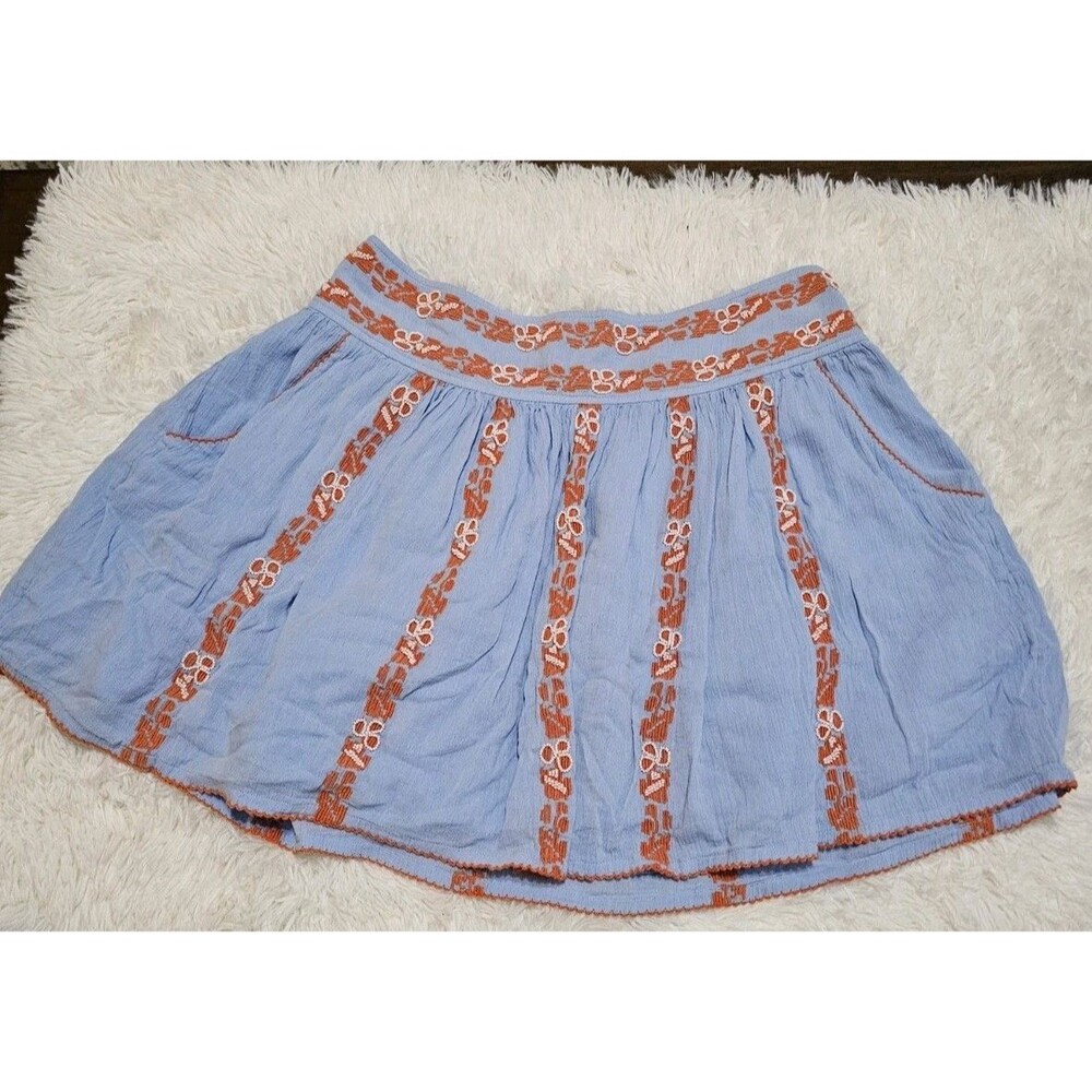 Tory Burch Skirt Womens Alexandria Light Blue with Orange Embroidery Sz 10 Boho - Picture 3 of 11